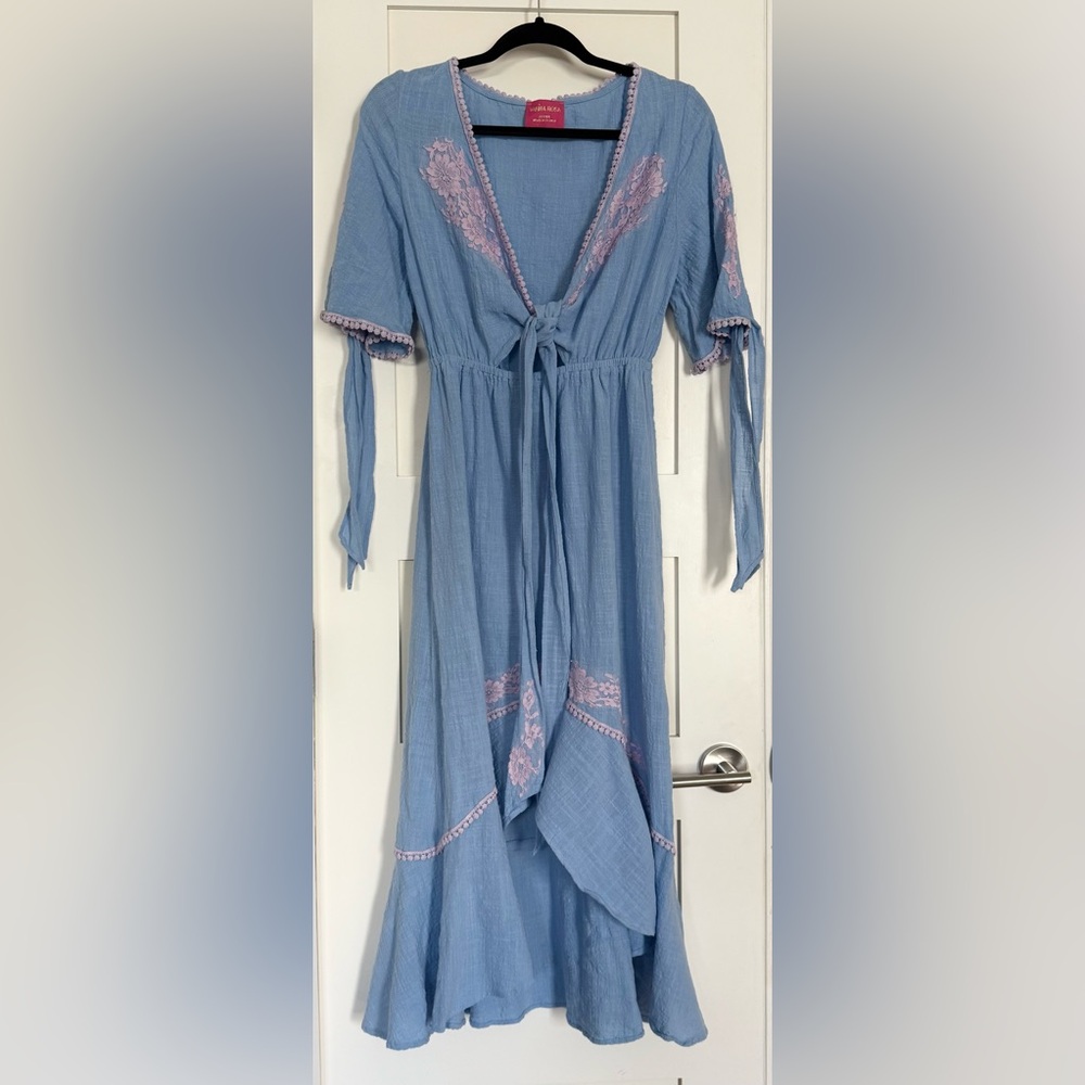 High Low Ruffle Crepe Dress with Cutout in Blue and Purple Size Medium